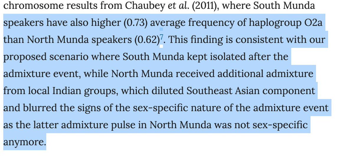 South Munda have a 73% frequency of O2a, whilst it is at 62% for North Munda. The admixture event date is 3-4kya for South Munda and 1.5-2kya for North Munda.