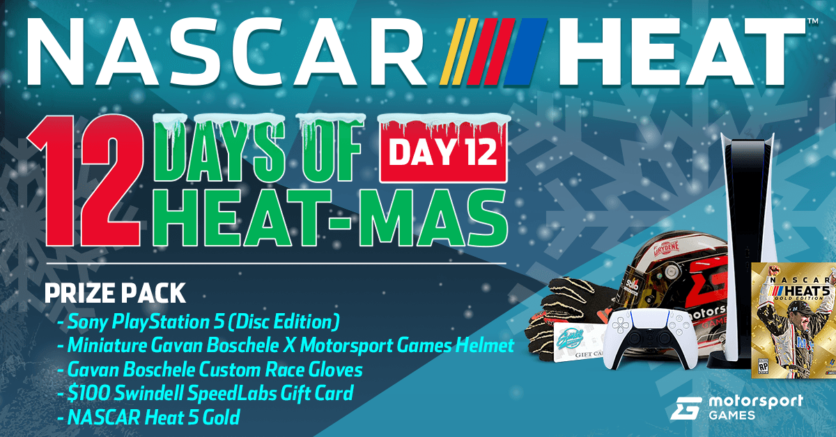 🎅 The final day of #HEATmas has arrived, and today you can WIN a PS5!

🎁 PlayStation 5 Disc Edition
🎁 <a href="/WatchGavanRace/">Gavan Boschele</a> Mini Helmet
🎁 <a href="/WatchGavanRace/">Gavan Boschele</a> Gloves
🎁 <a href="/SwindellSpdLab/">Swindell SpeedLab</a> $100 Gift Card
🎁 #NASCARHeat5 Gold Edition

👇 Enter here 👇
promo.nascarheat.com/heatmas
