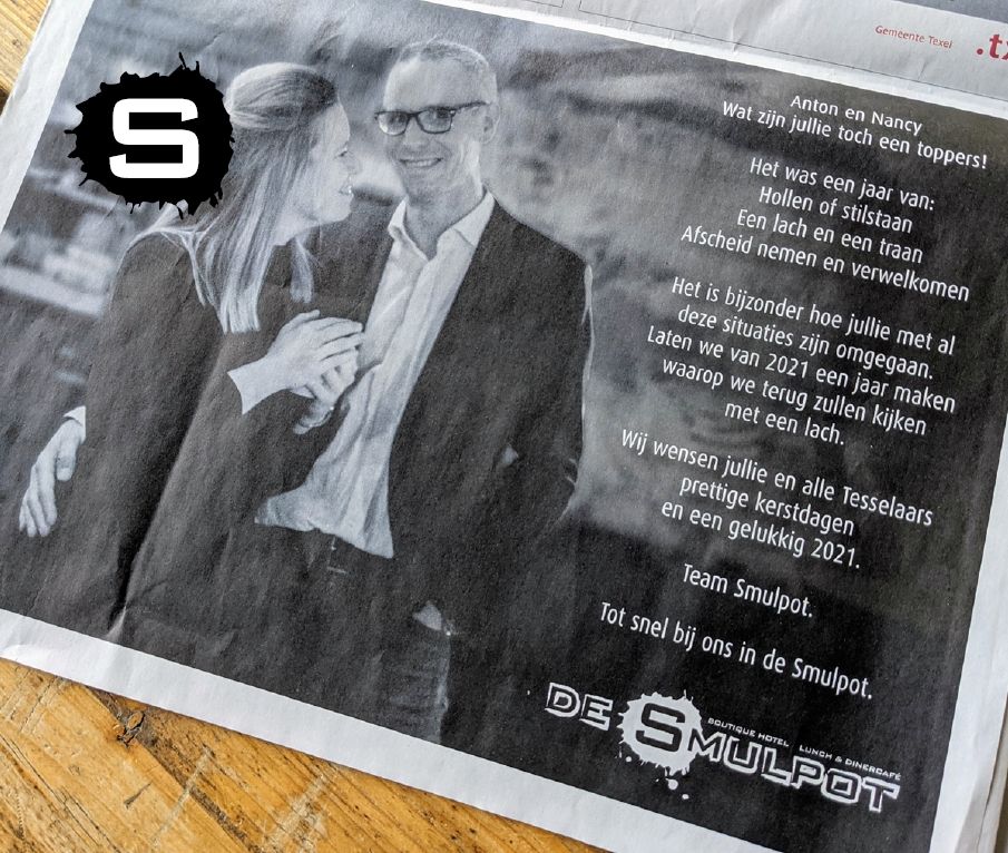 Wat een leuke verrassing! Onze collega’s hebben een leuke advertentie geplaatst in de krant als kerstcadeautje voor ons. 🎁 Zo dankbaar voor dit! 🤗 Op dit moment viert het Smulteam Kerst thuis met hun dierbaren (ook wel eens leuk! 😉).

Wij wensen iedereen een hele fijne Kerst!