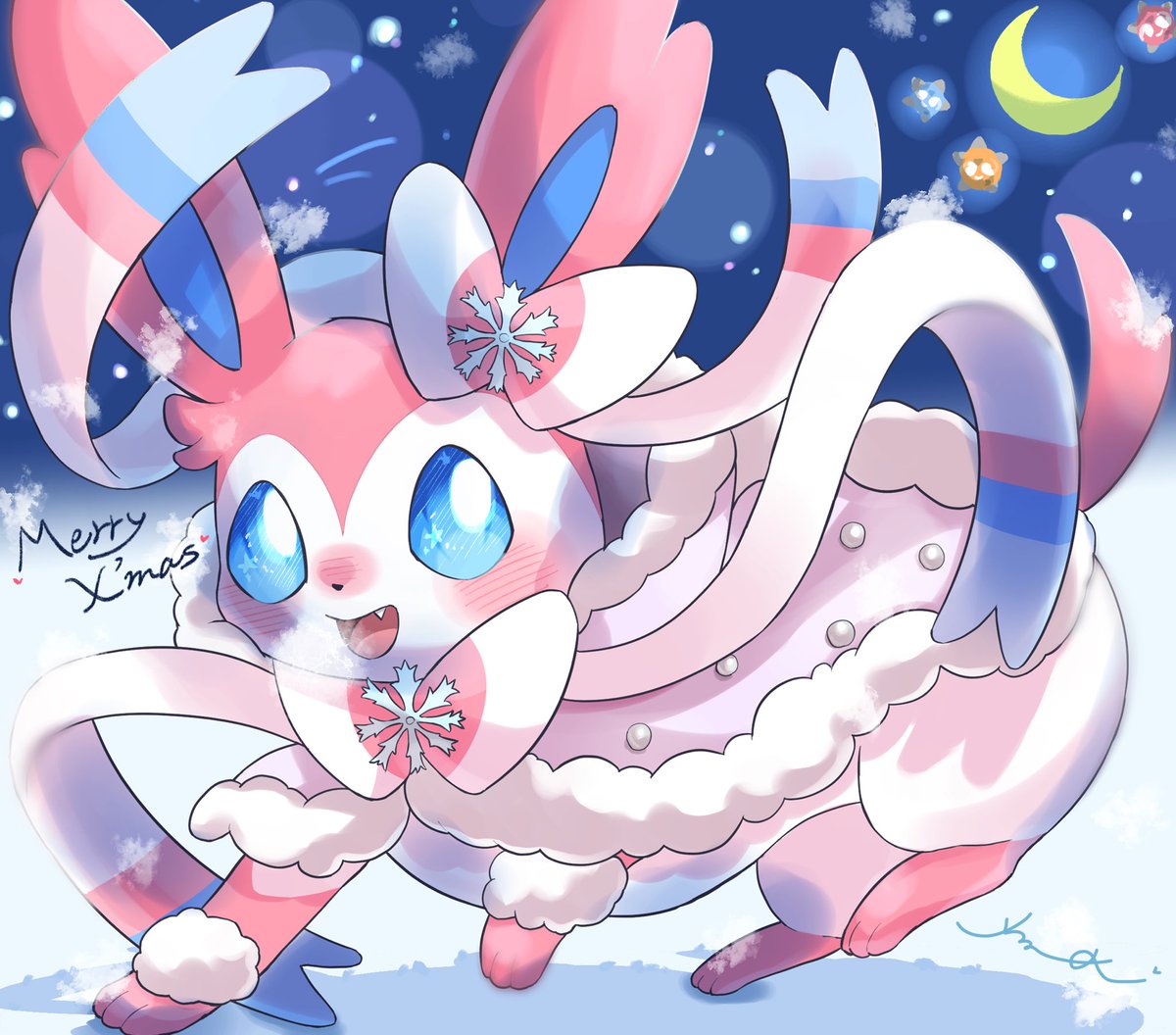 sylveon no humans pokemon (creature) blue eyes open mouth solo blush fang  illustration images
