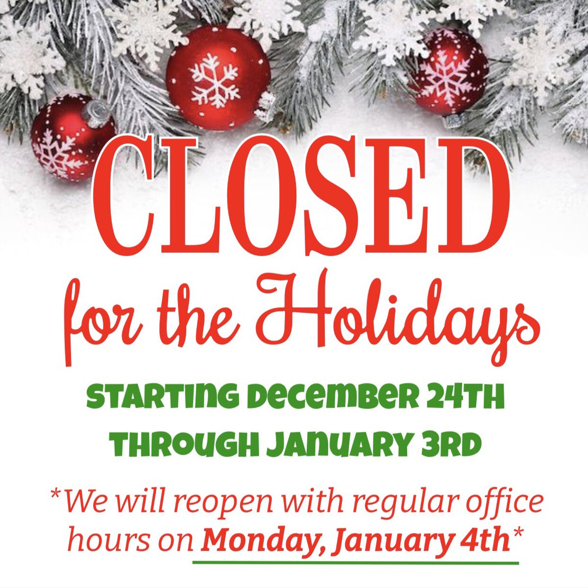 TLonerganDMD's tweet photo. Our office is closed today through January 3rd. Wishing you a very Merry Christmas &amp; Happy New Year! We look forward to seeing you in 2021!🤗 https://t.co/pau0otmn8I