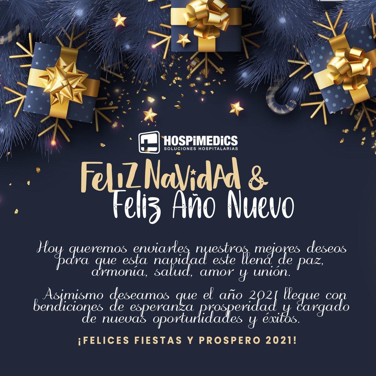 HospimedicsSA's tweet photo. Hoy queremos enviarles nuestros mejores deseos para que esta navidad este llena de felicidad. Asimismo deseamos que el año 2021 llegue con bendiciones de esperanza prosperidad y fe de un año cargado de nuevas oportunidades y éxitos. #felicesfiestas #Feliznavidad #ProsperoAñoNuevo https://t.co/i3ED0gELvG