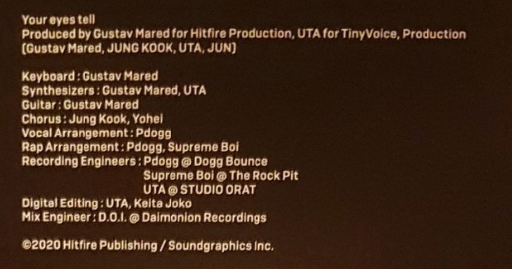 here are the album credits for Your Eyes Tell, we find out Gustav Mared and UTA are the producers. as said before the producers are outside of the brackets () and all of the composers and lyricists are inside