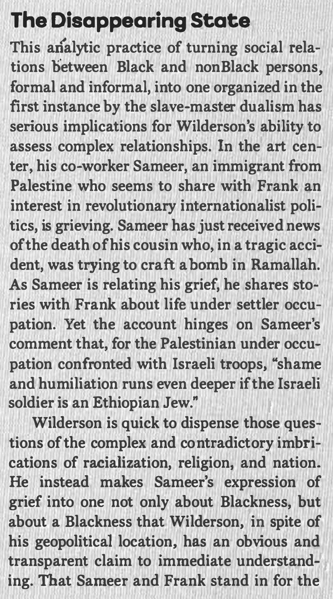 As Mitchell notes, in practice Wilderson's ideas tend to neglect complexities of context. Everything is understood as though his own experience of blackness provides all the necessary tools for understanding blackness anywhere and everywhere. E.g.: Ethiopian-Palestinian relations