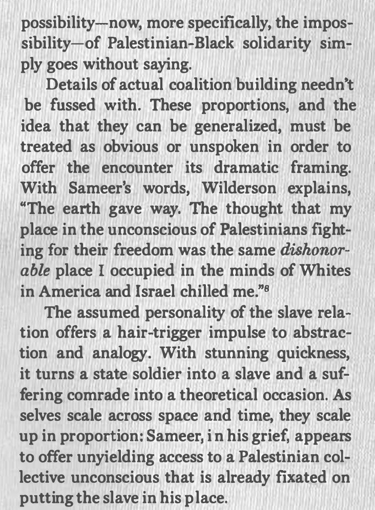 As Mitchell notes, in practice Wilderson's ideas tend to neglect complexities of context. Everything is understood as though his own experience of blackness provides all the necessary tools for understanding blackness anywhere and everywhere. E.g.: Ethiopian-Palestinian relations