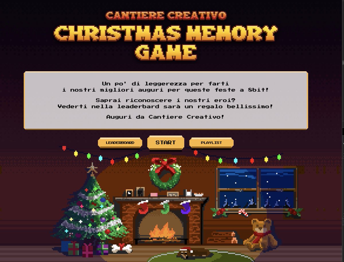 christmas-memory.cantierecreativo.net
🎄Cinque minuti di leggerezza, per farti i nostri migliori auguri per queste feste! Saprai riconoscere i nostri eroi? Vederti nella leaderboard 🥇 sarà un regalo bellissimo per noi!  Facci sapere quale traccia sceglierai! 👇