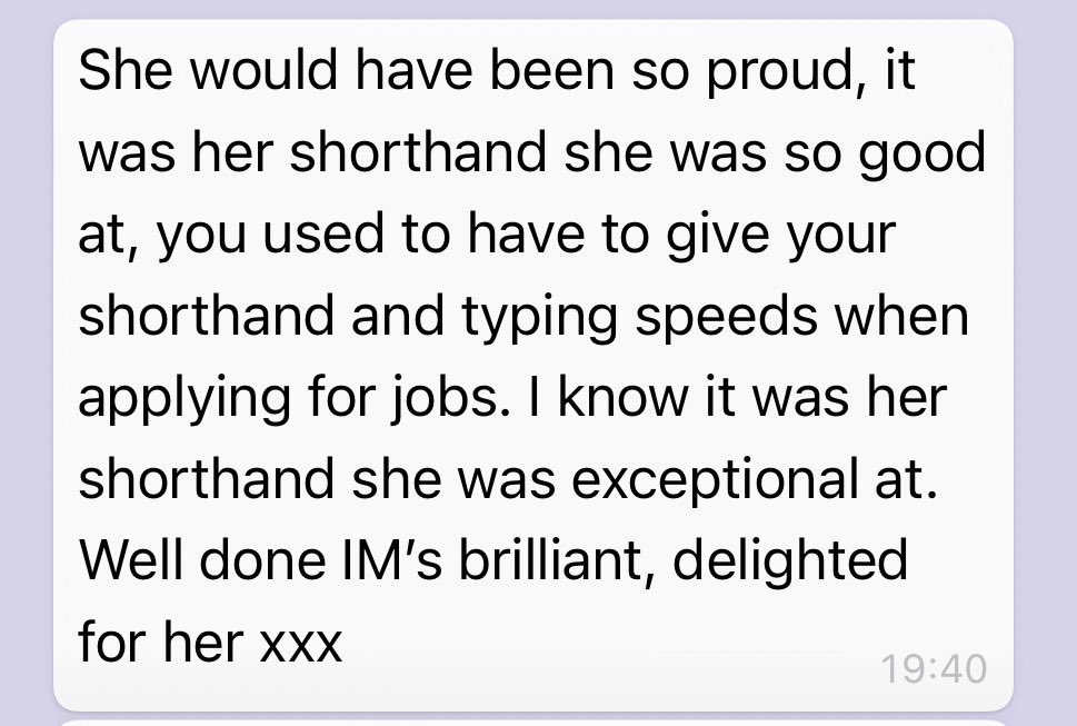 Two days ago I won @NewsAssociates’ Shorthand World Cup Grand Final having made no errors throughout the competition How that happened is still a bit of a mystery but having spoken to my Aunt I guess it’s in the genes and I have my Grandma to thank for any shorthand talent!