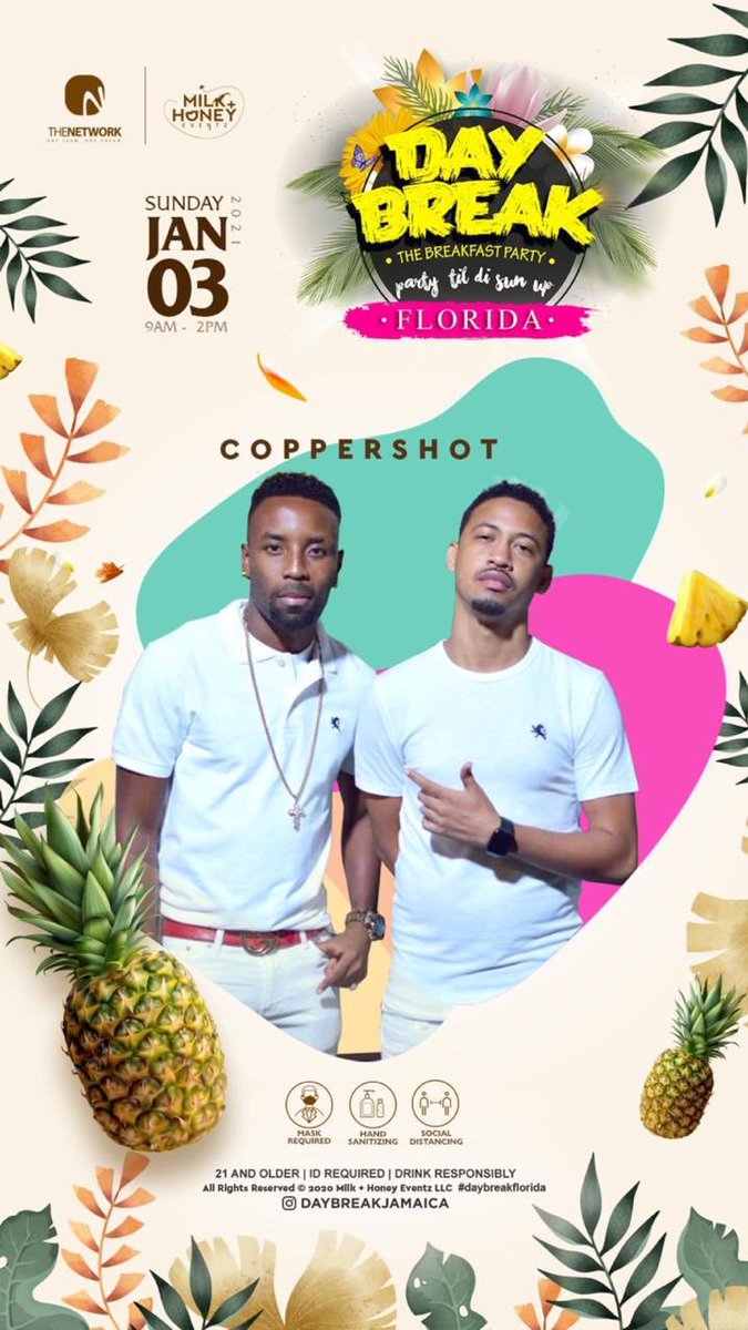 ShaneMorris15's tweet photo. Let’s start the New Year with a celebration 🎊 at DAYBREAK FLORIDA ☀️ Sunday jan 3
@daybreakjamaica with our world renowned DJ line up with @coppershotmusic 🔥🔥🔥.
.
@thenetworkjam @milkandhoney_party .
.
#DaybreakFL
#breakfastparty
#daybreakja
#TheNetworkjam https://t.co/rADLU0YsBa