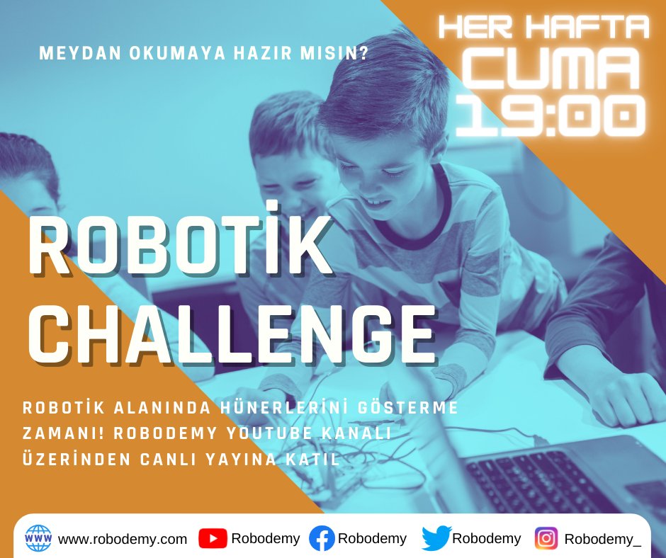 10-15 yaş arası öğrenciler için her hafta ücretsiz olarak yaptığımız #robotik #challenge #etkinliği devam ediyor🤓 <a href="/Robodemy/">Robodemy</a> Youtube kanalından canlı olarak yapılacak etkinliğe katılmak için tek yapman gereken Cuma günü 19:00'da <a href="/Robodemy/">Robodemy</a> Youtube kanalında olmak👊Sakın kaçırma!🥳