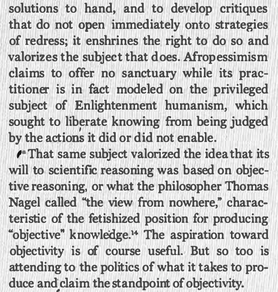 Mitchell's takeaway: far from diagnosing a problem without prescribing a solution, as Wilderson claims, afropessimism presents itself as the only possible solution.