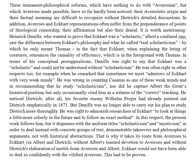 Here's a rough and ready translation from the German of a choice part from the end of Kurt Flasch's "Meister Eckhart" that I think nicely catches the polemical thrust of his argument about attempts to place Eckhart's use of Arabic sources within scholasticism or mysticism