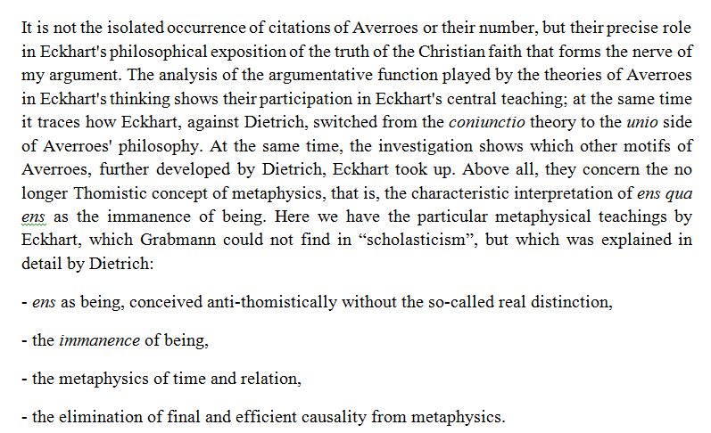 Here's a rough and ready translation from the German of a choice part from the end of Kurt Flasch's "Meister Eckhart" that I think nicely catches the polemical thrust of his argument about attempts to place Eckhart's use of Arabic sources within scholasticism or mysticism