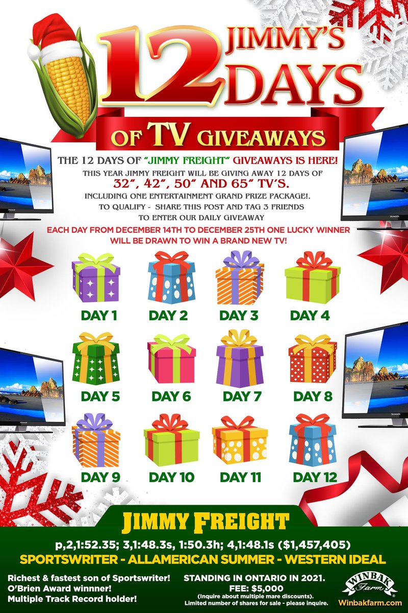 RETWEET &amp; WIN = BIG SCREEN TV❗️(DEC 24) *RETWEET = 3 ENTRIES*
.
Day 11 of the JIMMY FREIGHT 12 DAYS OF TV GIVEAWAYS &amp; we are celebrating the countdown right to December 25th with BIG SCREEN TV’S!. ➡️To Enter you must RETWEET &amp; LIKE THIS POST
.
✅JIMMY FREIGHT Standing <a href="/WinbakFarm/">Winbak Farm</a>