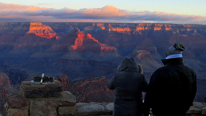 There's no one best place for watching sunrise or sunset along the rim of Grand Canyon; just good places and better places. Find a viewpoint extending into the canyon with views both east and west. 2024 Sunrise/Sunset + Full Moon times & tips > go.nps.gov/sunset (8718)