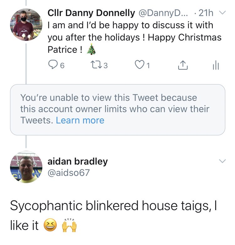 DannyDonnelly1's tweet photo. Declining to respond to a political activist who wants a debate on SM - get called ‘sycophantic blinkered house taig’ ! #Nicebunch https://t.co/PX7awcaVDH