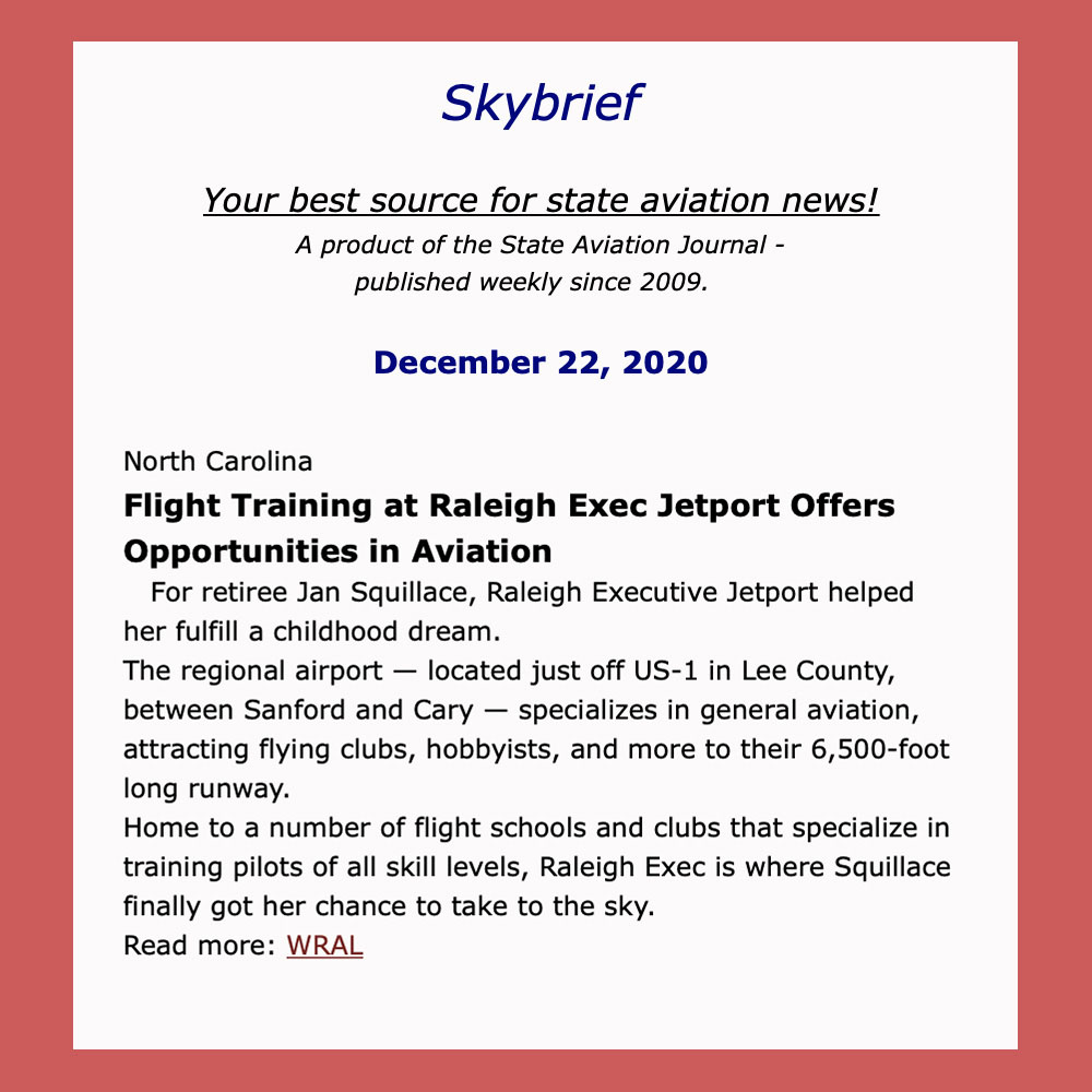 RaleighExec's tweet photo. We're in the latest issue of Skybrief, a weekly electronic news roundup from State @AviationJournal, with a story about flight training here at #RaleighExec!
#ResearchTriangle #ResearchTriangleNC #Durham #Raleigh #Cary #ChapelHill #RTP #NCBusiness #TriangleDelivers #airports https://t.co/K311gJXlMM