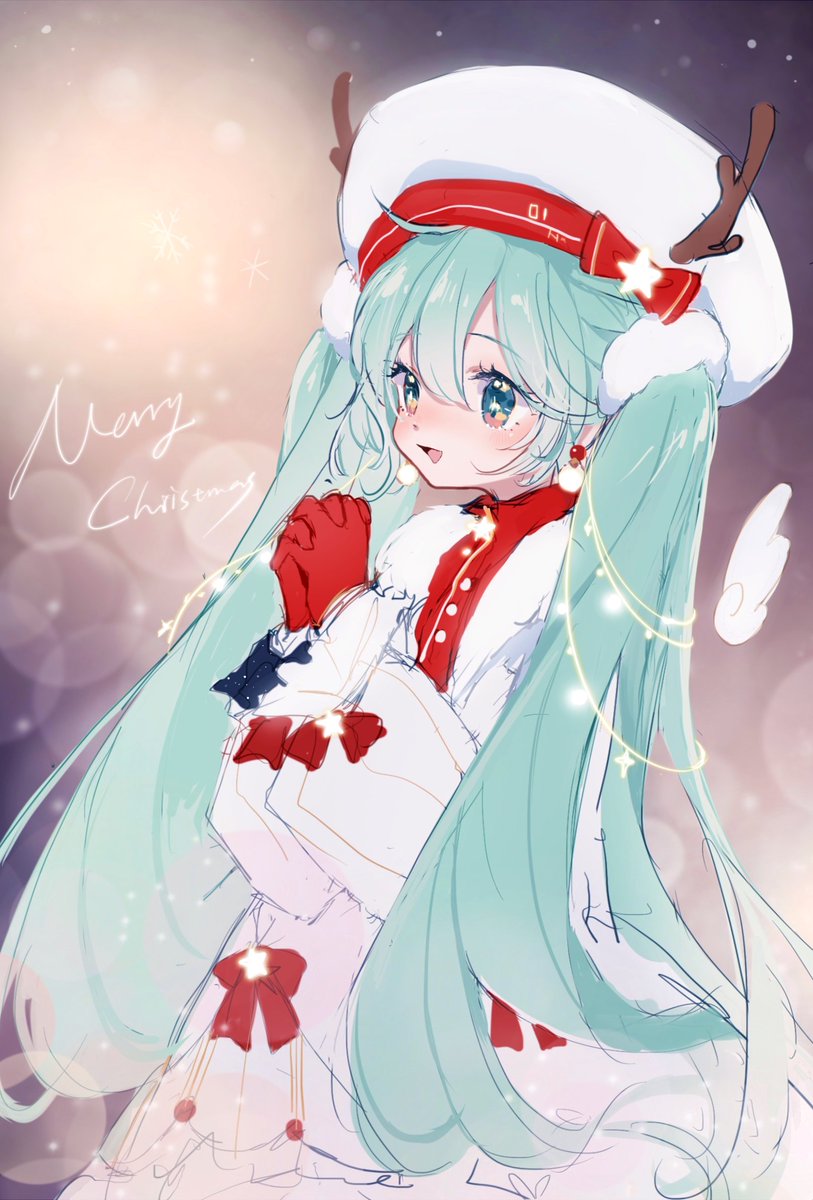 hatsune miku 1girl own hands together solo long hair twintails christmas lights gloves  illustration images