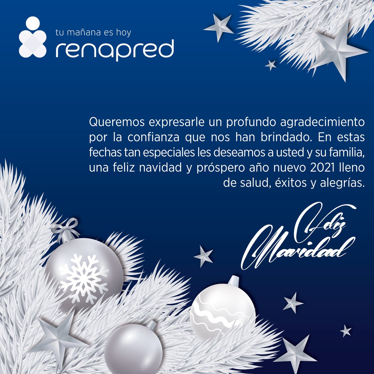 Queremos expresarle un profundo agradecimiento por la confianza que nos han brindado. En estas fechas tan especiales les deseamos a usted y su familia, una feliz navidad y próspero año nuevo 2021 lleno de salud, éxitos y alegrías.