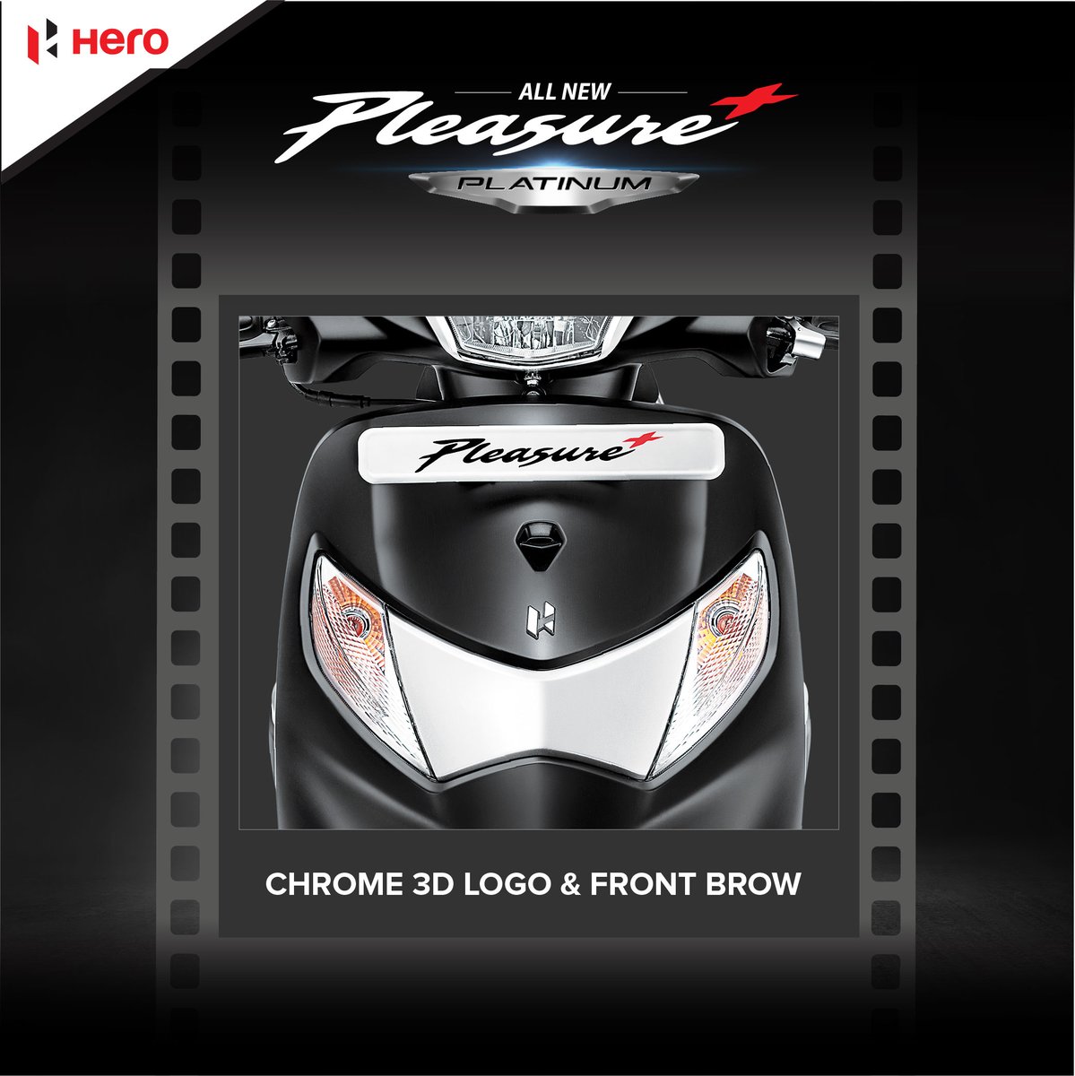 HeroPleasure's tweet photo. Stylish from the front to the back - a chrome front brow &amp; 3D logo to make a grand entrance
#HeroPleasurePlusPlatinum #HeroMotoCorp https://t.co/RboZ0WE2ts