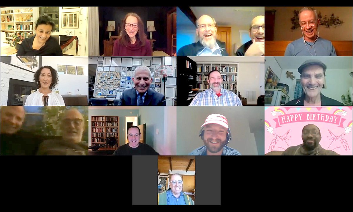 We did it! A small gang of Tony Fauci's HIV/AIDS comrades managed to surprise him yesterday with an 80th birthday Zoom. We had the  @TAGTeam_Tweets boys: me, David Barr (+husband  @SamAvrett), Mark Harrington,  @gregggonsalves,  @AgostoMoises and  @jimeigo, ... /1