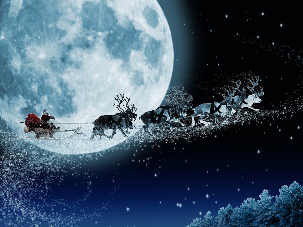 Santa’s sleigh flying in the sky with the moon in the background 