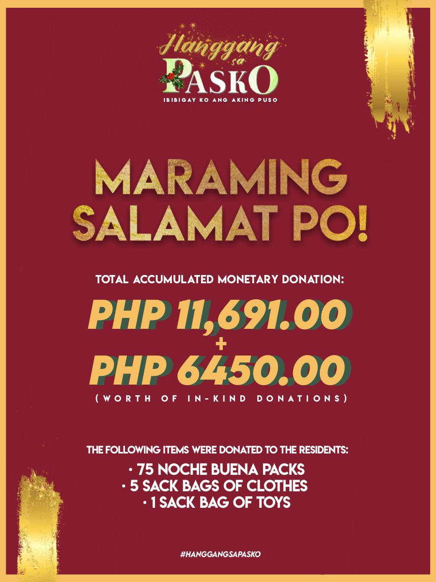 sirkolnation's tweet photo. HSP UPDATE
On December 23, we have donated a total amount of P18,141 (both monetary and in-kind) to residents who were affected by residential fire at Sauyo, Quezon City.
The following items were donated to the residents:
@SB19Official #SB19
#ATINHelp #HanggangSaPasko https://t.co/Z2PObi6Lyt