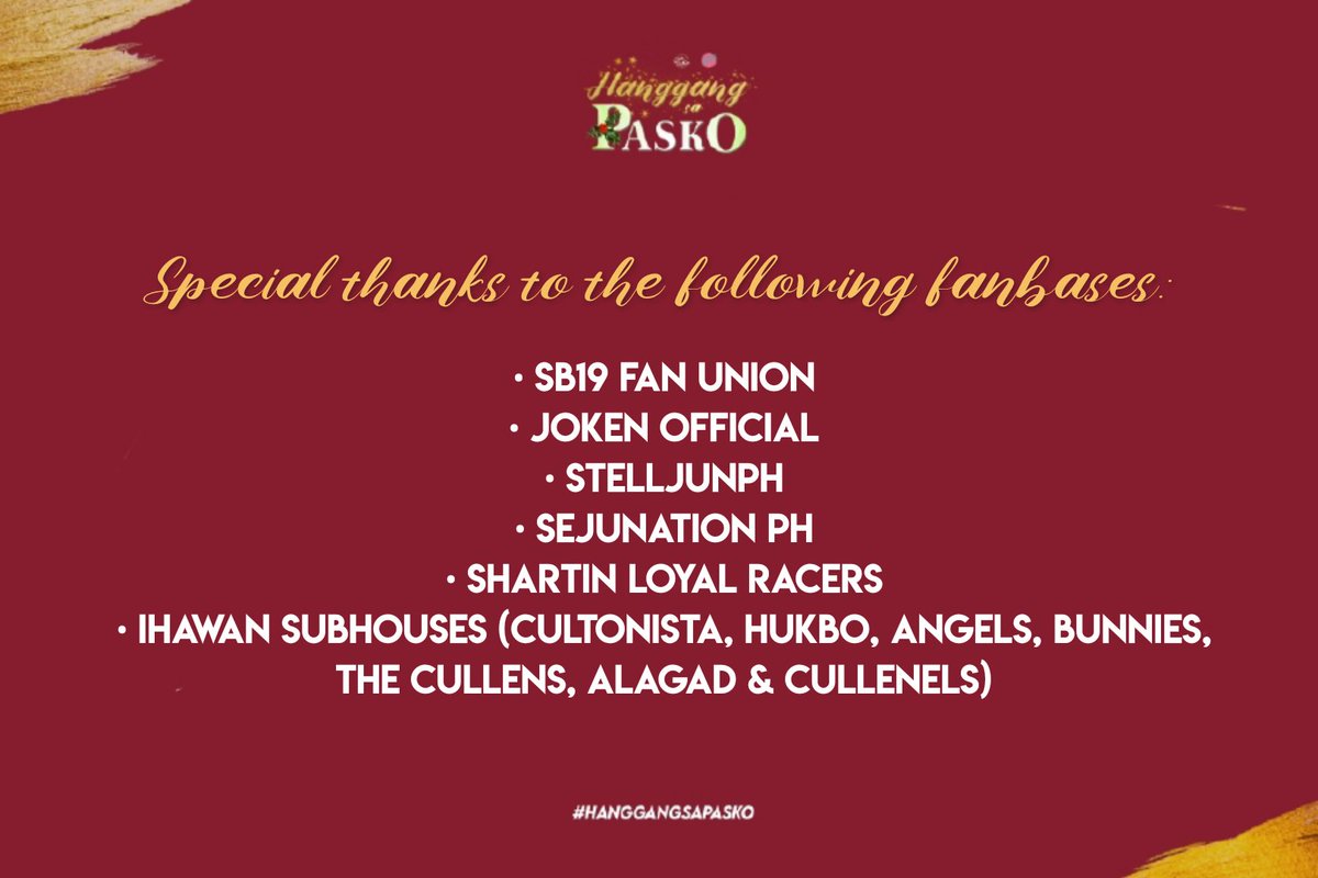 sirkolnation's tweet photo. A massive thank you to everyone who joined and donated last Dec. 19. We would also like to extend our gratitude to the following for their donations:
@SB19Official #SB19
#ATINHelp #HanggangSaPasko
#StarFMBestof2020 OPM Song of the Year - Hanggang sa Huli @StarFMBaguio https://t.co/rehnroaqv0