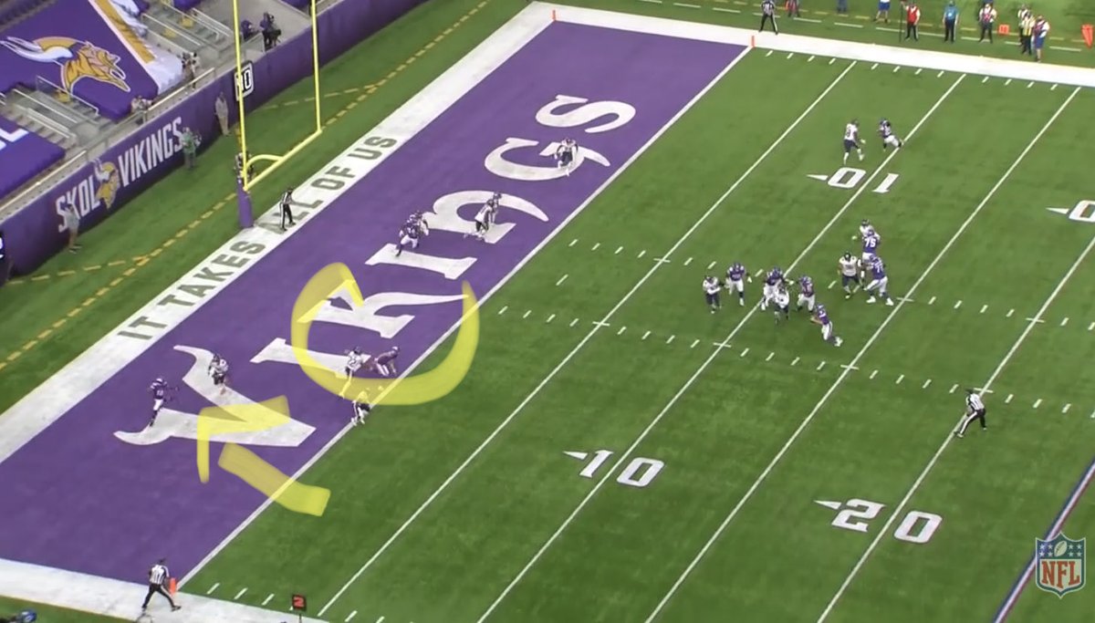 Here is Johnson in red zone working in tandem w Shelley but if this is zone he’s losing discipline and following Thielen too far which leaves Jefferson on corner route which Jackson is getting beat on. Awful cousins throw. I THINK it’s man but can’t tell as no motion in video.