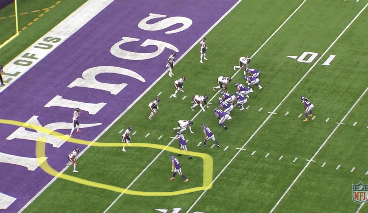 Here is Johnson in red zone working in tandem w Shelley but if this is zone he’s losing discipline and following Thielen too far which leaves Jefferson on corner route which Jackson is getting beat on. Awful cousins throw. I THINK it’s man but can’t tell as no motion in video.