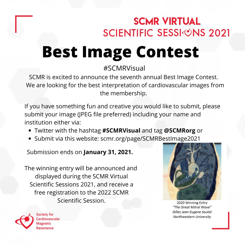 SCMRorg's tweet photo. #SCMR2021 is excited to announce the seventh annual Best Image Contest. Submit your best interpretation of a cardiovascular image. Enter by Jan 31. Include your name and institution either via: Twitter tagging #SCMRVisual and @SCMRorg or submit via: https://t.co/AEMuwDbNjz. https://t.co/0sE3XdIzRP