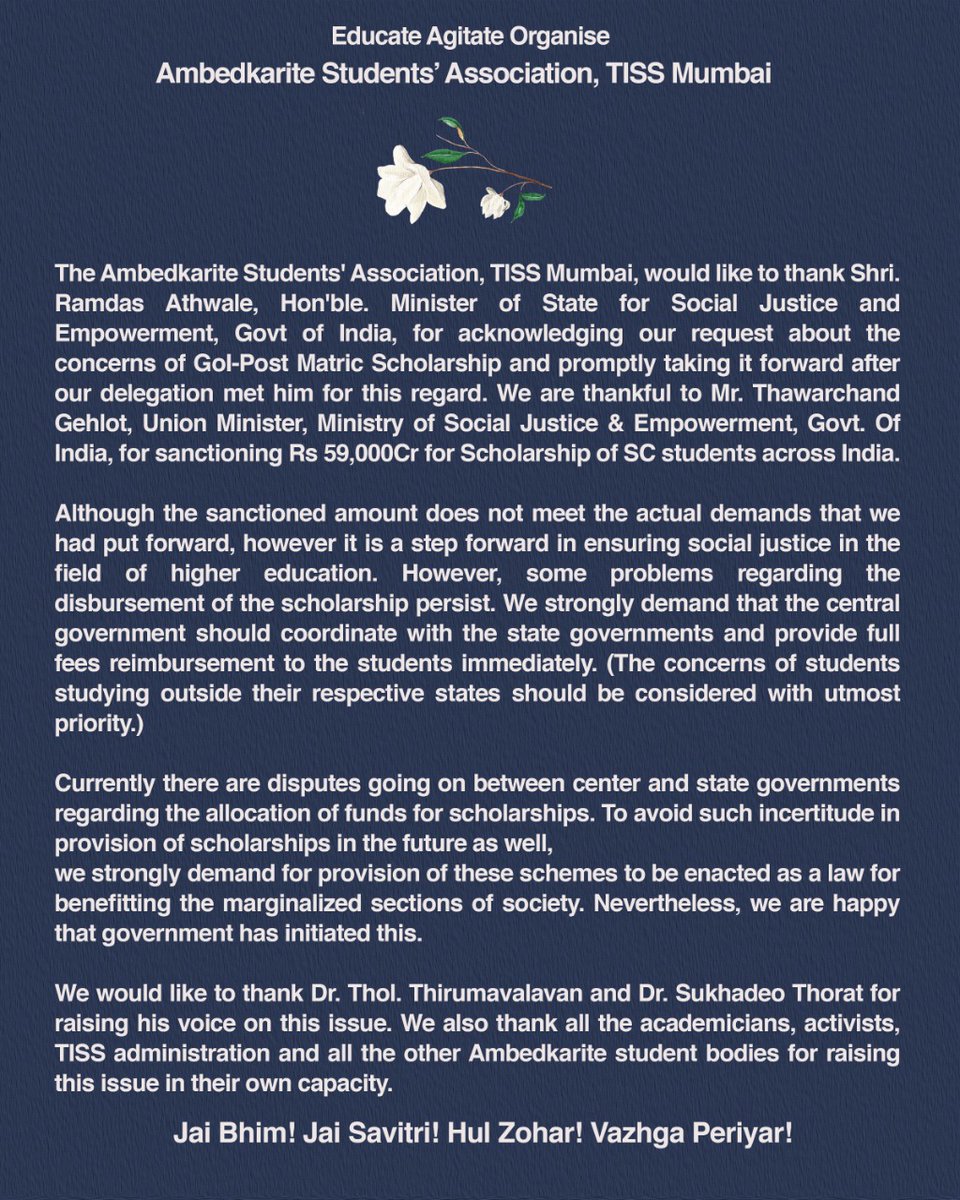 asa_tiss's tweet photo. We welcome this initiative from Government. Still more work is needed to be done and we hope the same from center and the state, both.
#GoIPMS #Scholarship
#EducateAgitateOrganise
#ASATISS https://t.co/9MVLocXKgd