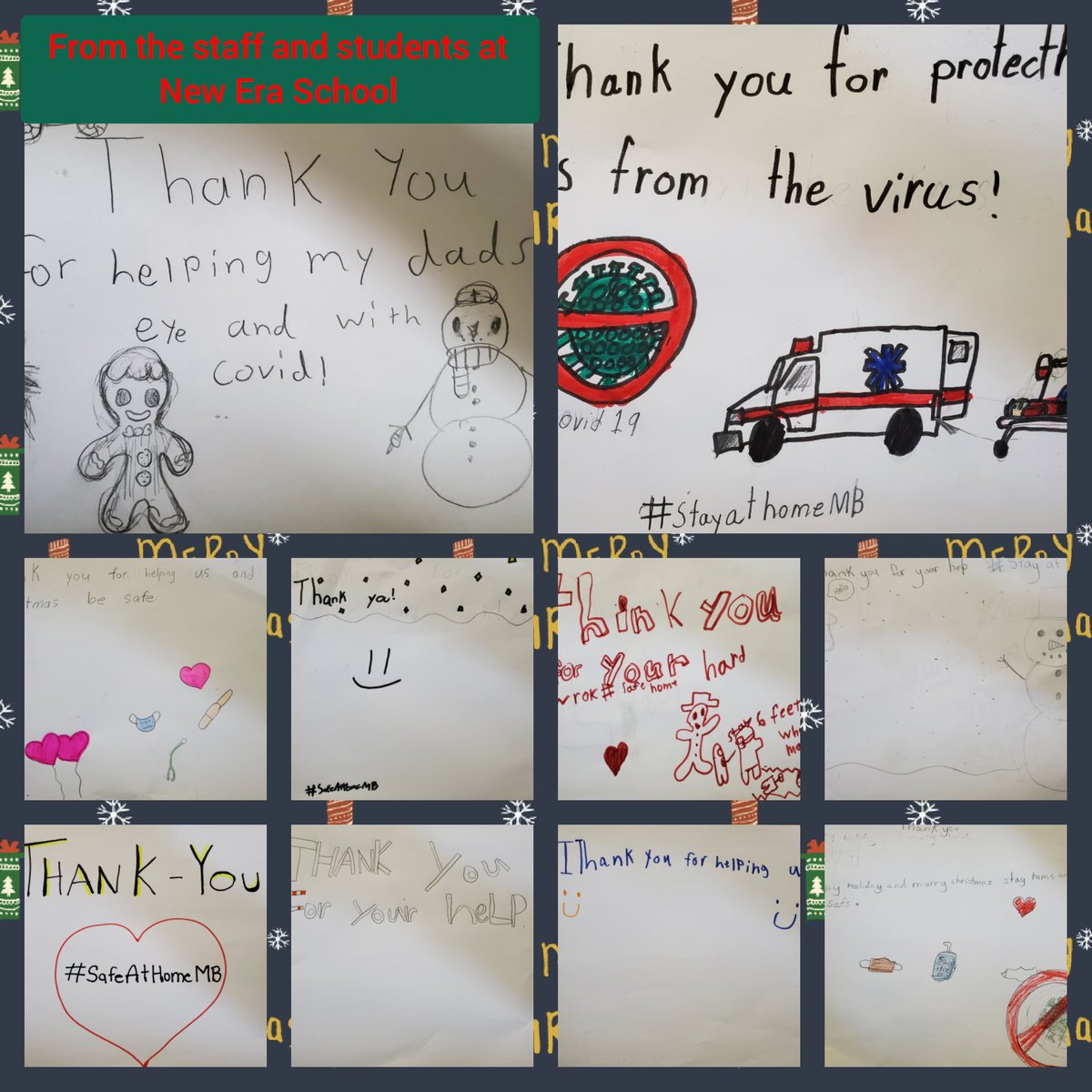 SharedHealthMB's tweet photo. Students are offering messages of gratitude and hope for our #HealthCareHeroes this holiday season. Their commitment to #StaySafeAtHomeMB is a holiday message we very much support. From all of us, to all of you, thank you for keeping our community safe. https://t.co/rPfi3l7FK1