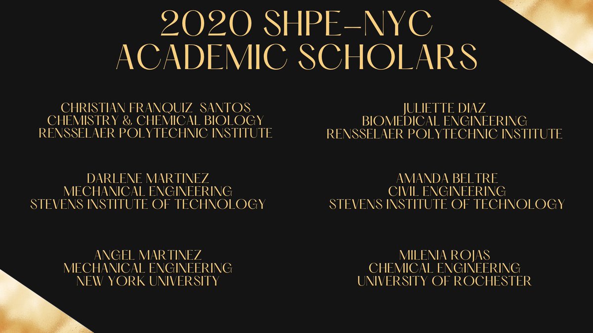 We are excited to publicly announce the 2020 SHPE-NYC Academic Scholars! This scholarship recognizes students that displayed academic excellence! #shpe #nyc #scholarship #stem #hispanic #latinx