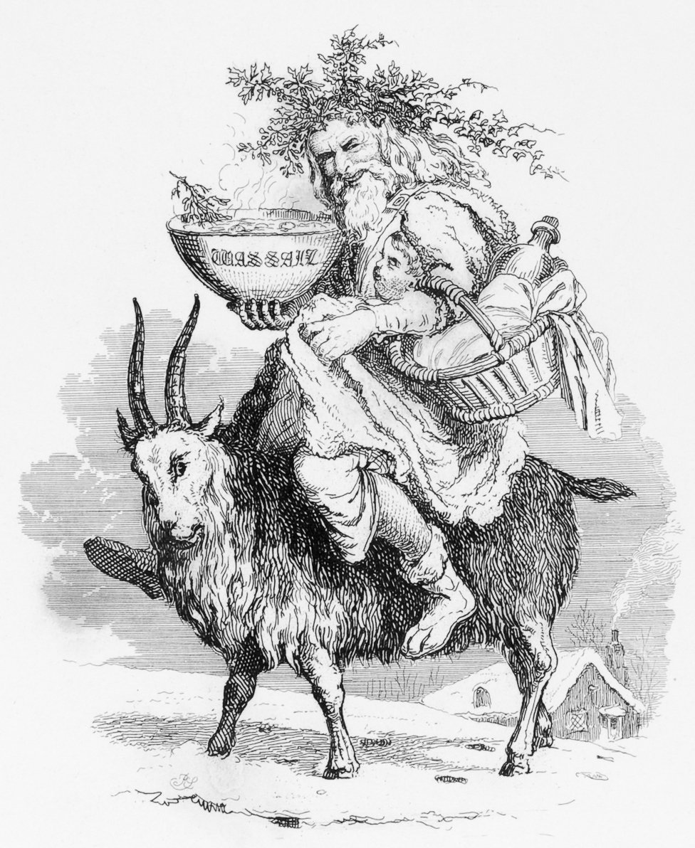 Old Father Christmas riding on a Yule goat, 1836, & Father Christmas as gift-giver on an English postcard of 1919:  https://commons.m.wikimedia.org/wiki/File:Old_Christmas_riding_a_goat,_by_Robert_Seymour,_1836.jpg &  https://en.m.wikipedia.org/wiki/File:Father_Christmas,_Tuck_Photo_Oilette_postcard_1919,_front.jpg