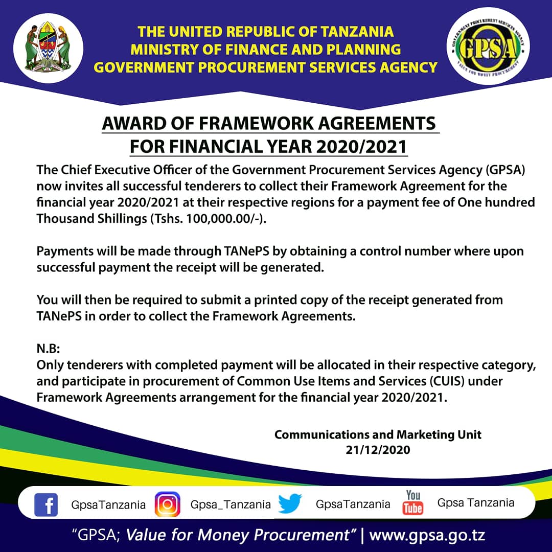 GpsaTanzania's tweet image. Tangazo la tuzo za Mikataba Maalum 2020/2021 kwa lugha ya Kiingereza na Kiswahili.
#MikatabaMaalum #FrameworkAgreements #GpsaTanzania #BohariKuuYaSerikali