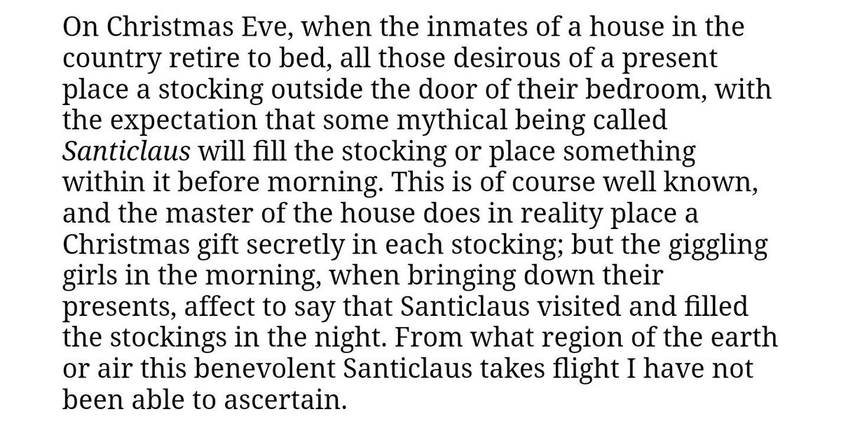 The American Santa Claus as a Christmas gift-giver was first noted in England in 1879—19th-century folklorists initially puzzled by him, not knowing who he was, with one guessing it was ‘Santa Cruz, the Holy Cross’ which brought the presents:  http://www.arthuriana.co.uk/xmas/pages/history.htm