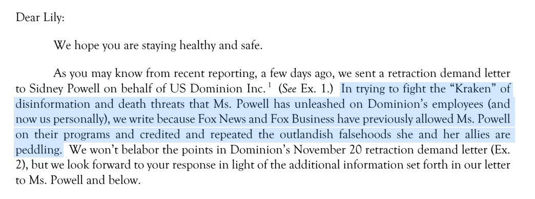 To Fox's general counsel:"We hope you are staying healthy and safe," followed by info about how the network's guests have unleashed "disinformation" and "death threats" against them.The softer tone is significant. They're giving Fox a chance to right the ship at the end.