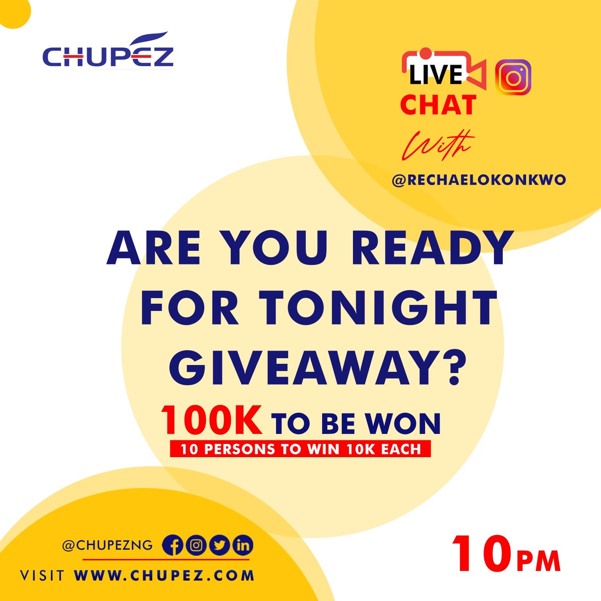 ChupezNg's tweet photo. Few minutes to go for tonight give away. Join the chat with @rechaelokonkwo by 10pm and don't forget to tag a friend to our page @chupezng to participate. 

#livechat #giveaway #tonight @lagos #nigeria #entertainment #movie #music #chupezng #chupezcares #chupezphoneaccessories https://t.co/fbdZyg57PO