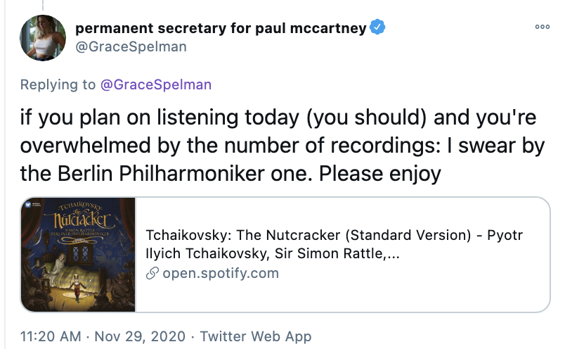 Just for the record, this concert is my favorite *video* of The Nutcracker but the best *recording* to actually listen to is the one from the Berlin Philharmoniker  https://twitter.com/disasterlich/status/1342202043310563328