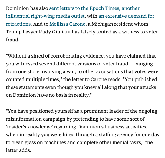 And Dominion has also sent a letter to Mellissa Carone! The woman Rudy Giuliani has touted as having evidence of election fraud, and who was parodied on SNL.The letter isn't very nice.  https://www.businessinsider.com/dominion-defamation-letters-fox-news-sean-hannity-lou-dobbs-newsmax-oan-2020-12