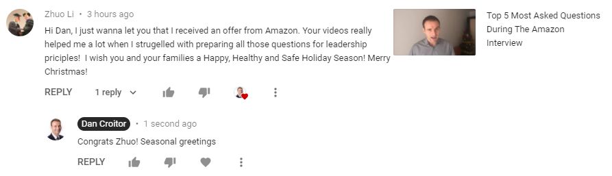 danccroitor's tweet photo. Hi Dan, I just wanna let you that I received an offer from Amazon. Your videos really helped me a lot when I strugelled with preparing all those questions for leadership priciples!  I wish you and your families a Happy, Healthy and Safe Holiday Season! Merry Christmas! https://t.co/DSPwVr4Lbi