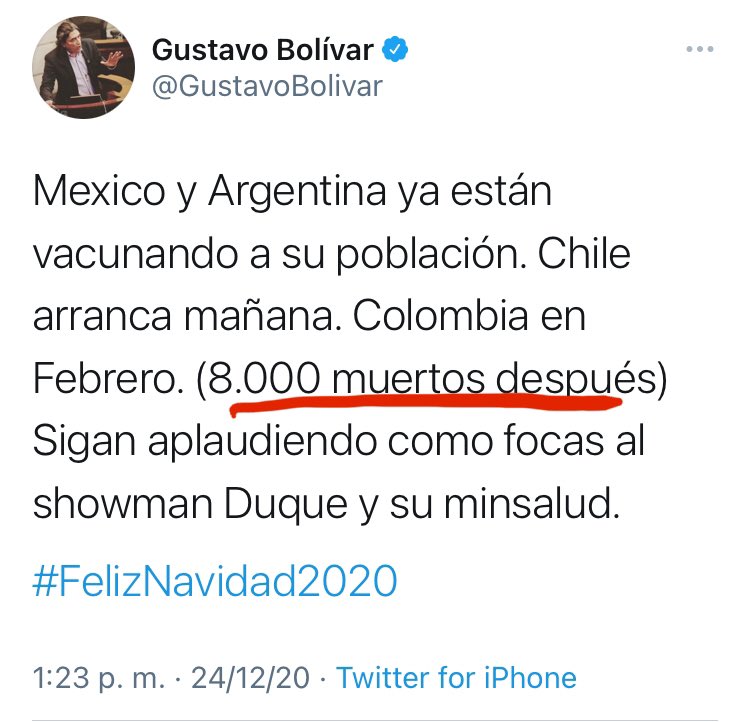 millersoto's tweet photo. El senador @GustavoBolivar hace 9 días decía que morirán 30 mil colombianos antes de que llegue la vacuna. Hoy le bajó a 8 mil.

No creo que lleguemos a eso, pero el senador debería aplicar la del acuerdo de paz y alegrarse por los 22 mil que según sus cálculos ya salvó Duque. https://t.co/yclCLBxOk2