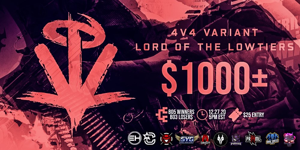 Lord of the Lowtiers #8

❌RESTRICTIONS IN COMMENTS❌

🎮Cold War 4v4 Variant

🗓Sunday Dec 27th - 5:00 PM EST

💵$25 Entry - DM to signup

❗️BO5 Winner - BO3 Losers

Seed based off of signup order

(Only taking signups on CashApp)