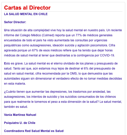 SaludMental_cl's tweet photo. En carta al director publicada en el portal AricaHoy, la vocera de la Red Vania Martínez, directora de @nm_imhay  emplaza a las autoridades del país a raíz del informe publicado por @colmedchile para aumentar el presupuesto en salud mental #SaludMentalEsSalud https://t.co/jJlLVZ9o2z