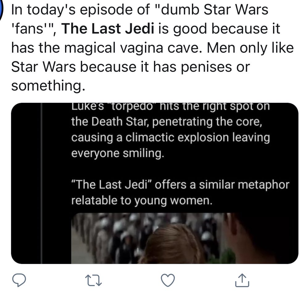 It appears this thread has “set off” the usual suspects.For suggesting “The Last Jedi” is good because it dares to look at some of the franchise’s key subtext from a perspective that isn’t just teen dudes.(Not that there’s anything wrong with subtext aimed at teen dudes.)