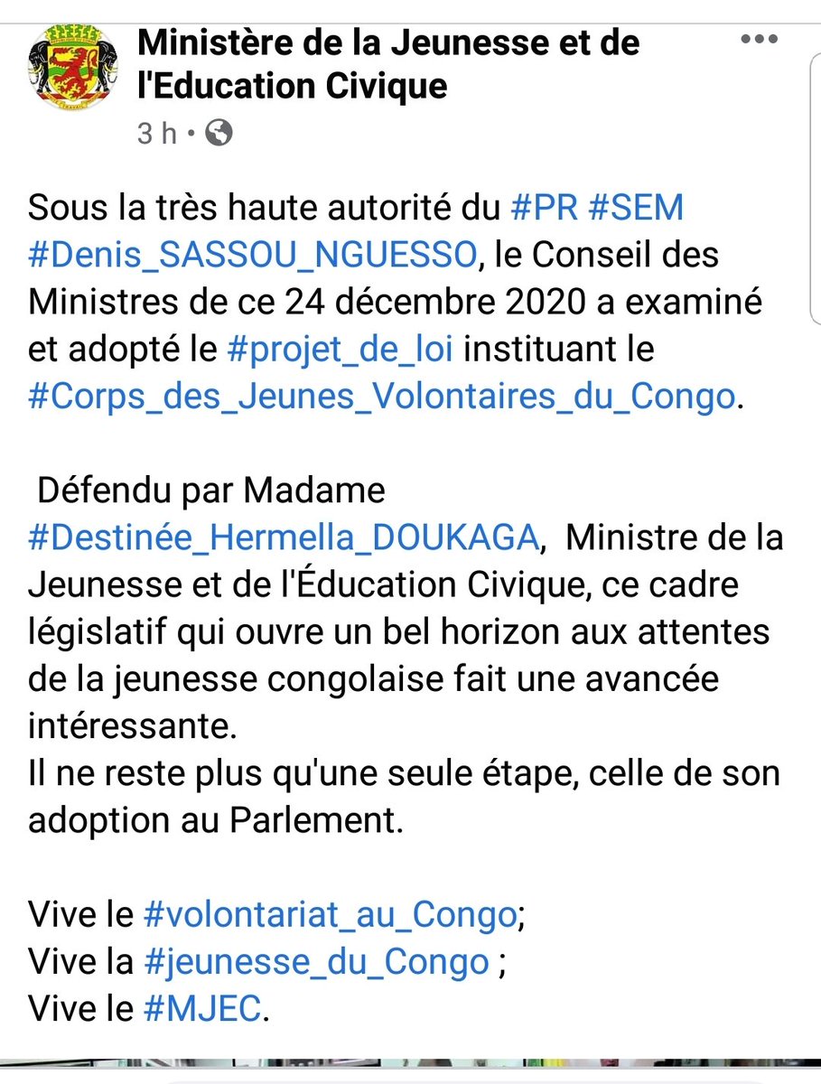 2217BA's tweet photo. Adoption en conseil des ministres du projet de loi portant institution du Corps des Jeunes Volontaires du Congo #CJVC ce 24 décembre 2020. Prochaine étape: le parlement. https://t.co/N1edQ6iDJH