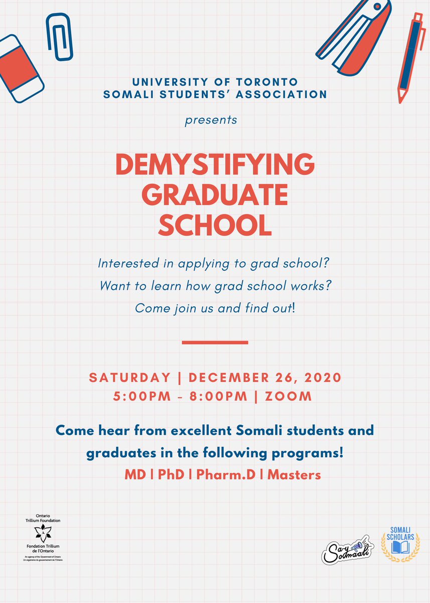 uoftsosa's tweet photo. Are you planning on applying to grad school? Our second annual Demystifying Graduate School event is here to help with all of your questions! Join us this Saturday to hear from Somali students and graduates from a variety of fields.

Register at https://t.co/itjBl9evxe https://t.co/zbhXwcIt6s