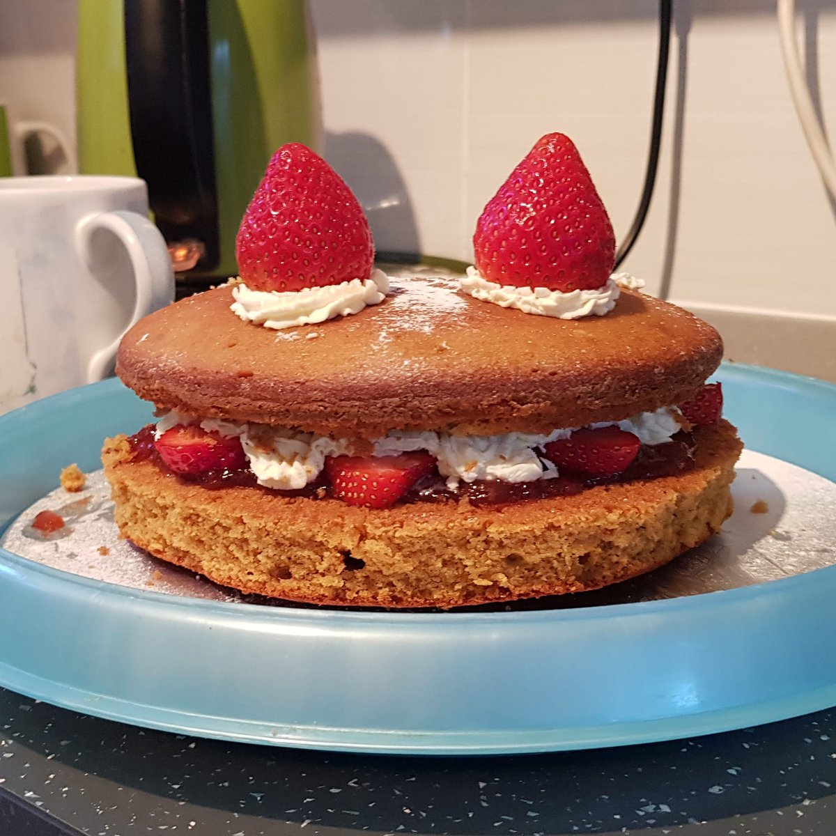 Besides harvesting and prepping the veg, I made a very quick Strawberries and cream birthday cake for my dad. I can't help thinking it looks like a muppet!