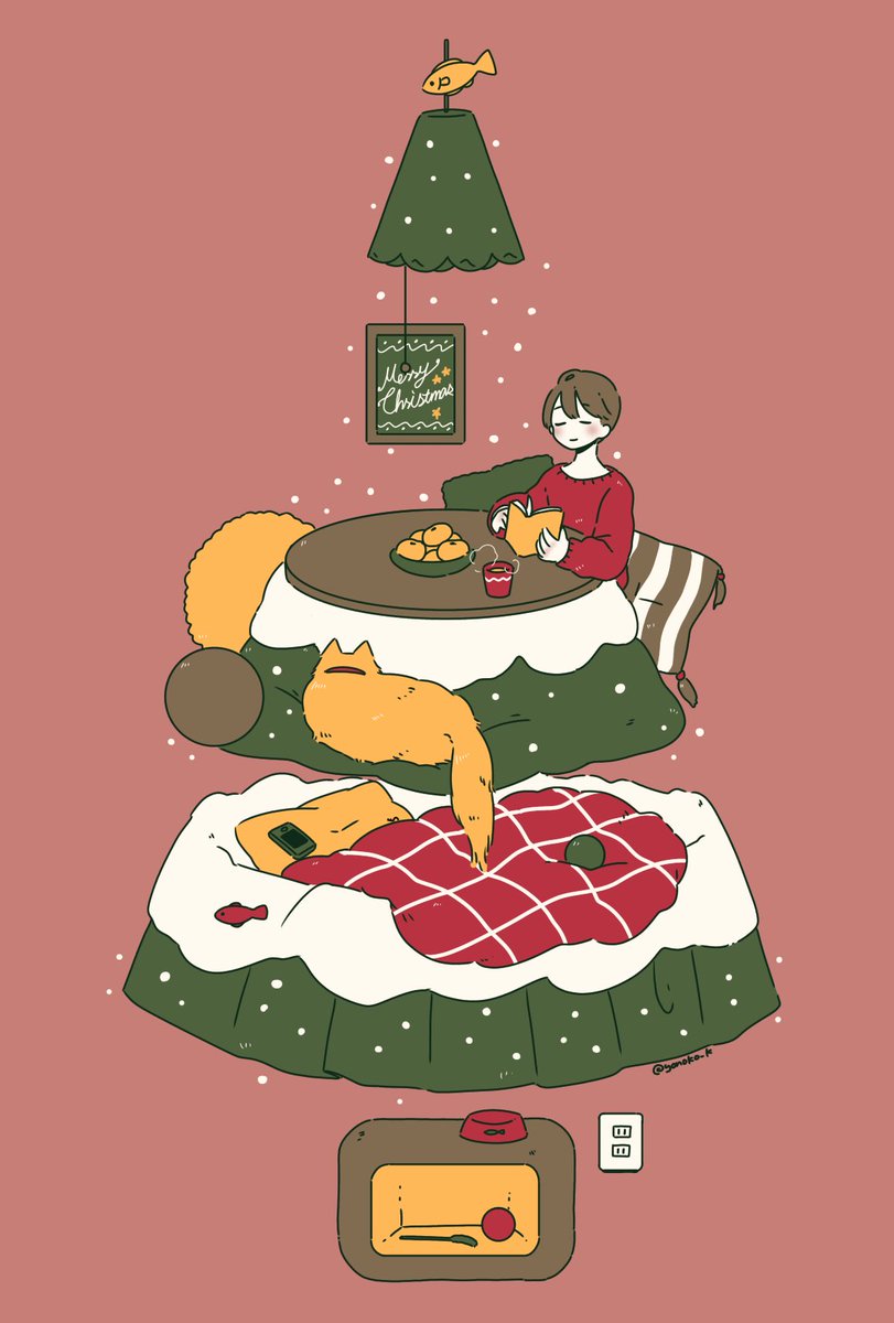 kotatsu table food short hair christmas tree long sleeves 1girl  illustration images