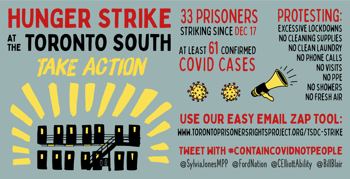 With COVID-19 cases on the rise, prisoners at the Toronto South Detention Centre are taking action. 33 prisoners on range 3C3 have started a hunger strike demanding adequate action to address the current outbreak that has now risen to 61 reported cases. #ContainCOVIDNotPeople